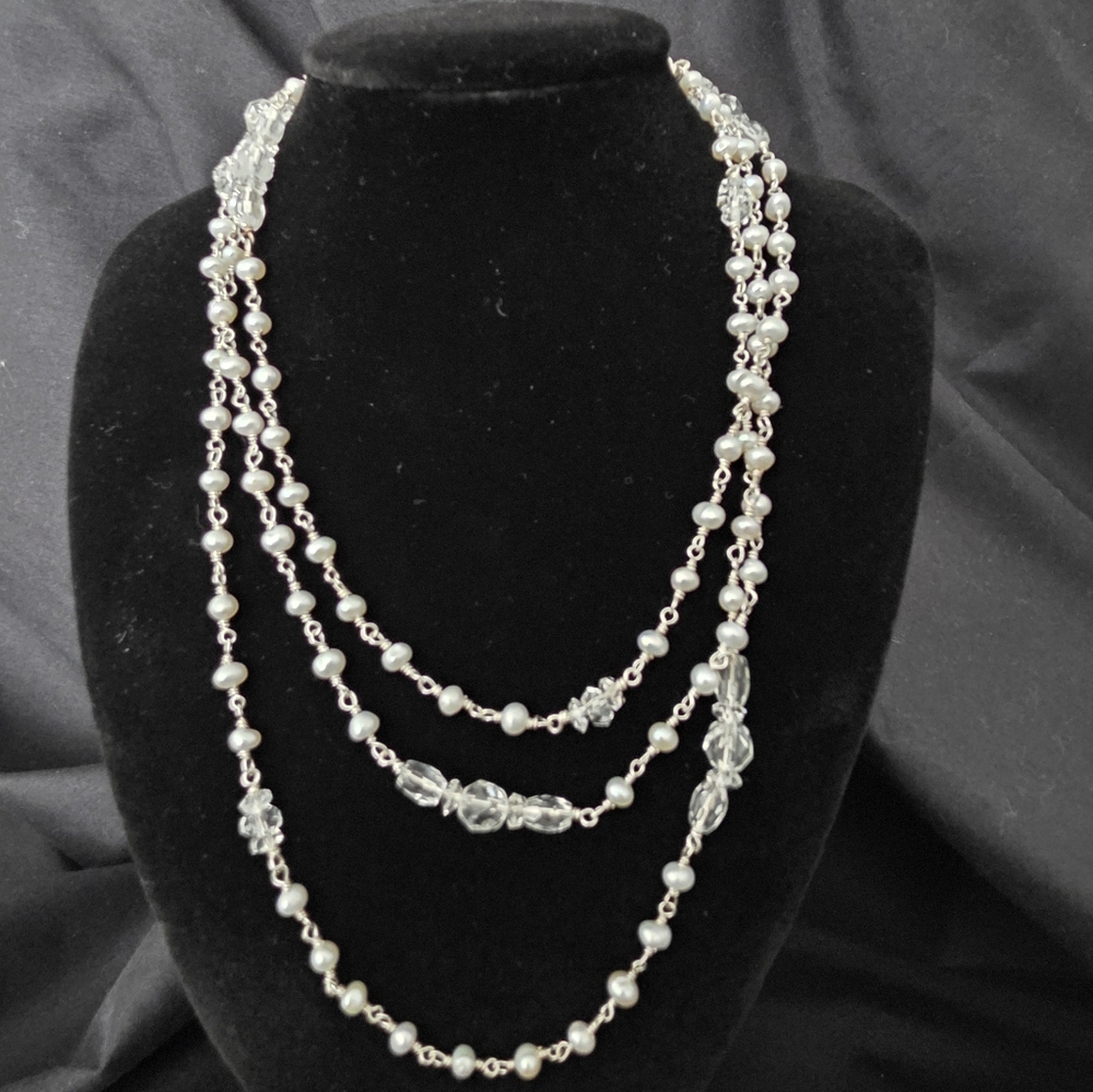Sterling Silver Pearl & Crystal Station Necklace – 21”